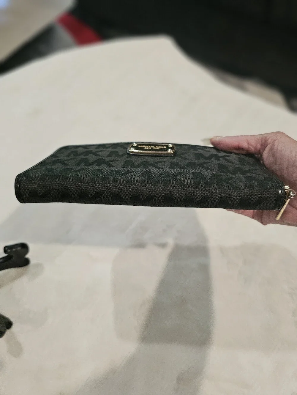 Michael Kors Black MK Logo Zip Wallet with Gold Plaque EUC